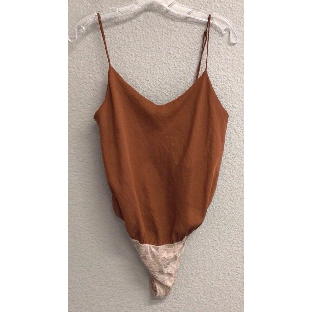 Free People Intimately Thong Bodysuit Brown Spaghetti Strap Snap Medium